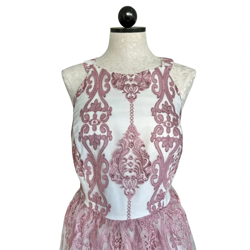 Chi Chi London NEW Pink Halter Dress Tulle Embroidered Overlay Damask Size 16 - Picture 4 of 16